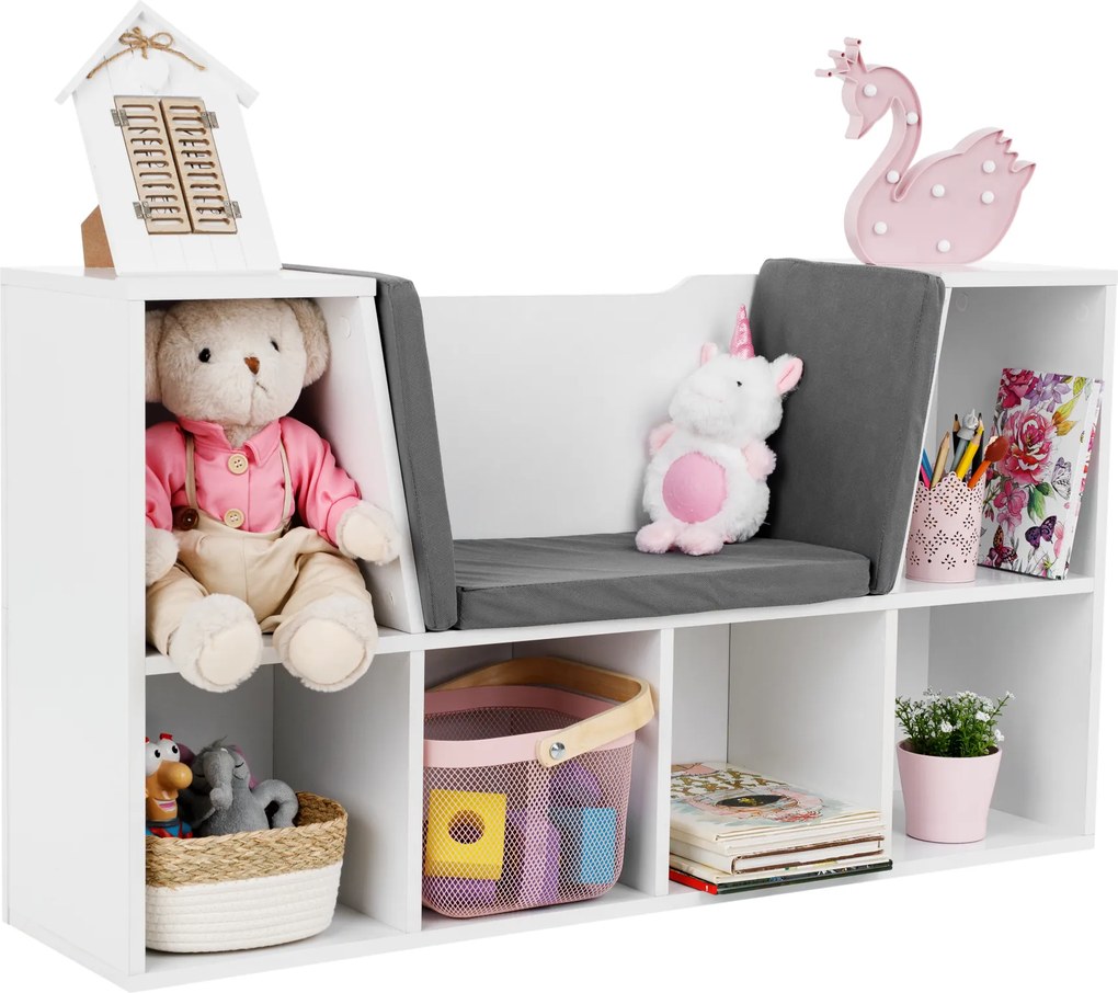 Gyerekkönyvtár ülőhellyel, fehér/szürke, FERIA