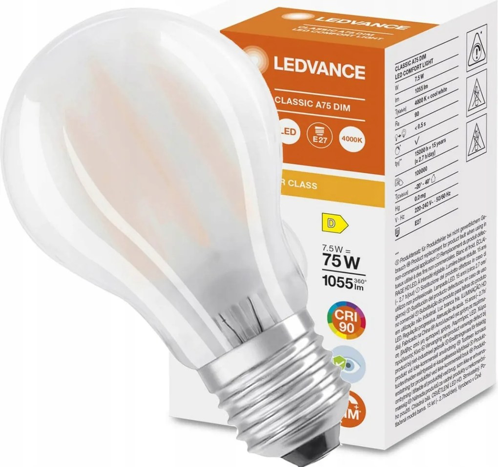 Led izzó Tej Filament Tompítható E27 A60 7,5W 1055lm 4000K Ledvance