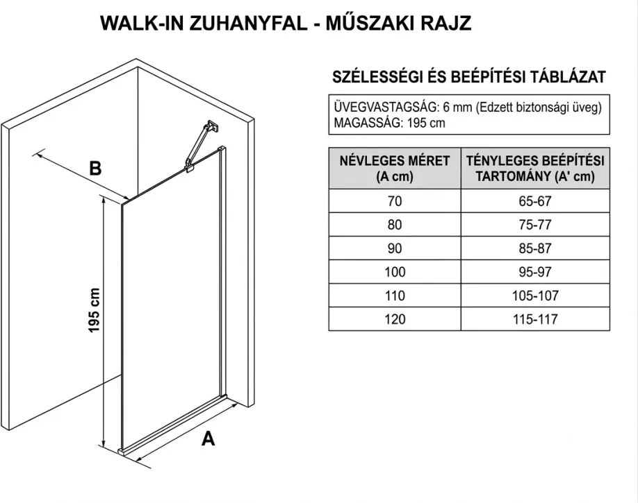 Stuxi Eco Walk-in zuhanyfal, 70x195 cm, 6 mm vastag vízlepergető biztonsági üveggel, 195 cm magas, helytakarékos sarok stabilizátorral