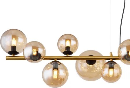 Globo 56135-13H Függeszték fém matt fekete, fém matt sárgaréz, üveg borostyán, kábel PVC átlátszó, HxSzxM: 1200x345x1200mm, üveg átmérő: 6x10cm, 5x12cm, 2x15 cm, benne 13x G9 LED 3.5W 230V, 350lm forrás, 290lm kimenet, 3000K,