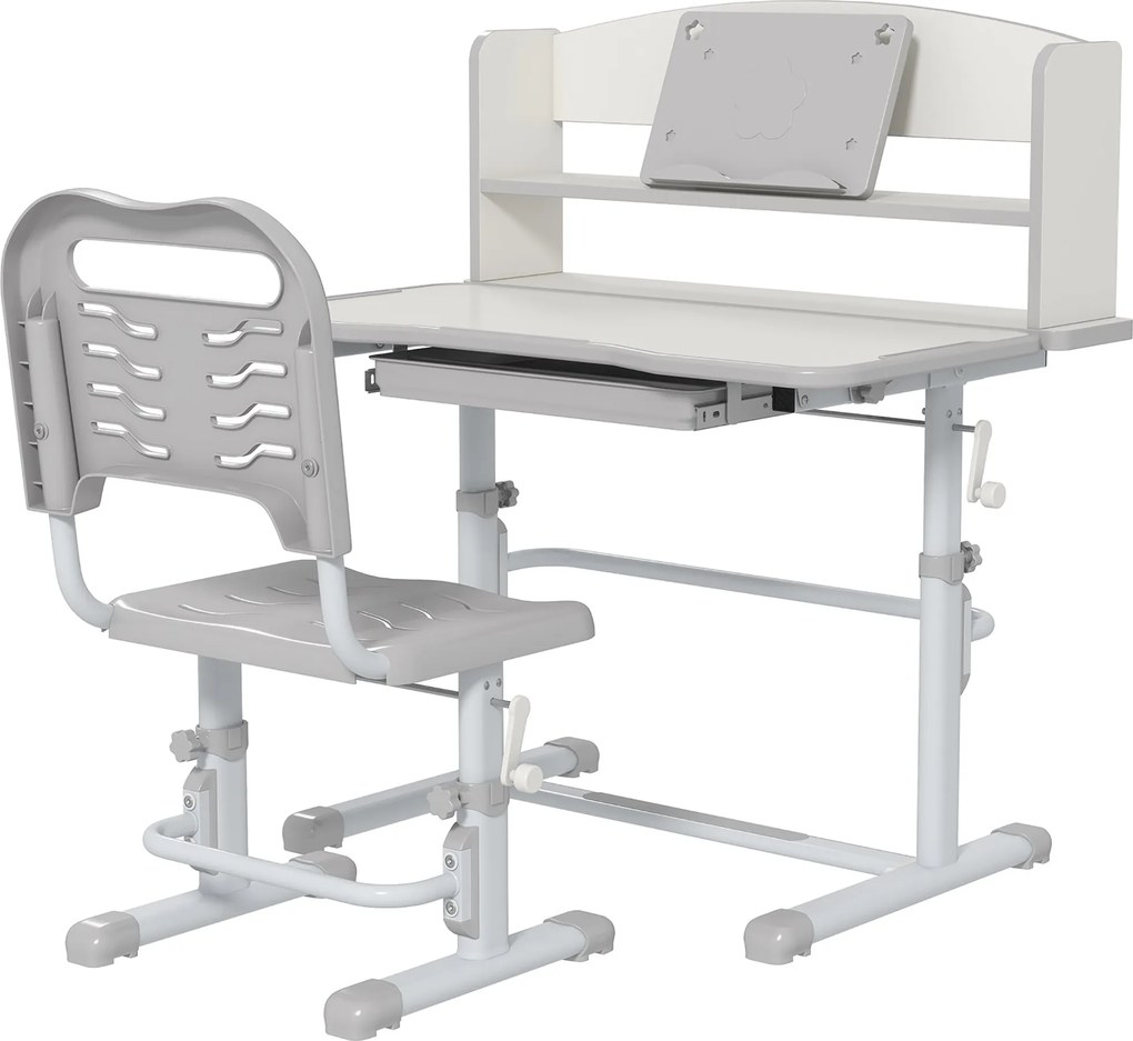 ZONEKIZ Gyerek Íróasztal és Szék Szett 6-12 Éveseknek - Magasságállító Gyermek Íróasztal 1 Fiókkal, 1 Könyvespolccal és Állítható Asztalszög 80x54.5x8