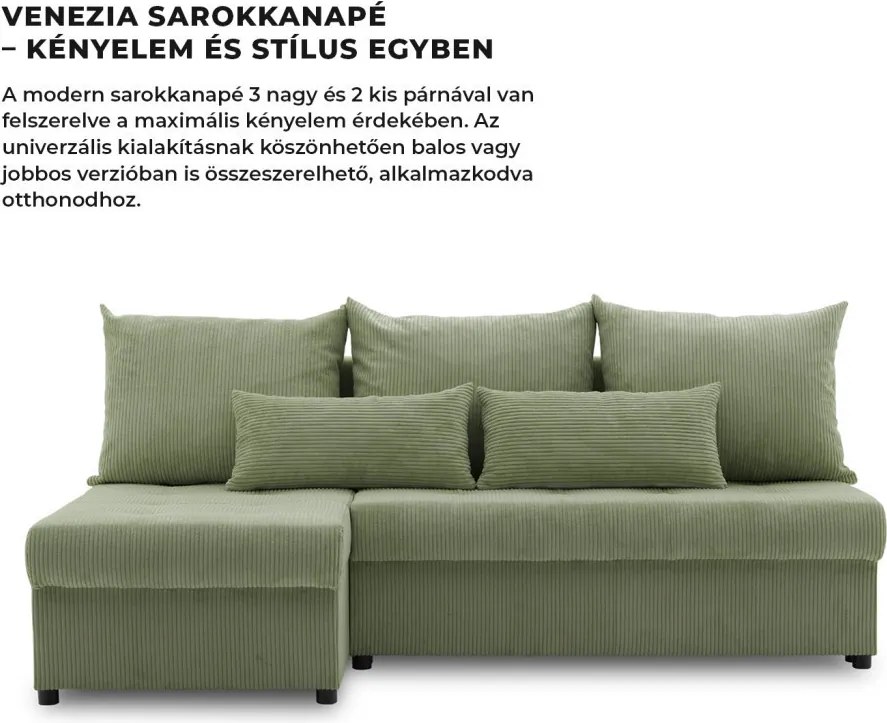 Venezia sarokkanapé, kordbársony, univerzális oldal, bonell töltet, zöld