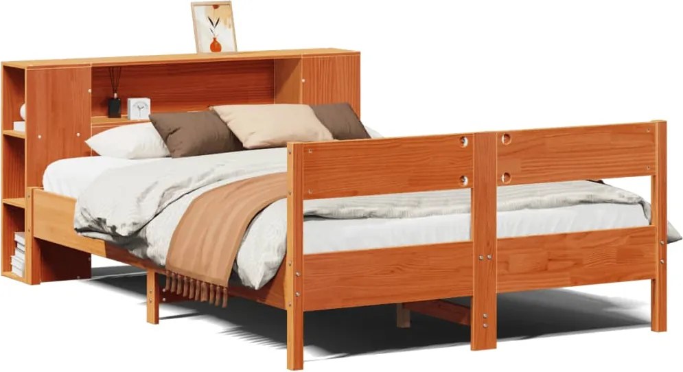 vidaXL barna tömör fenyőfa könyvespolcos ágy matrac nélkül 140 x 190cm