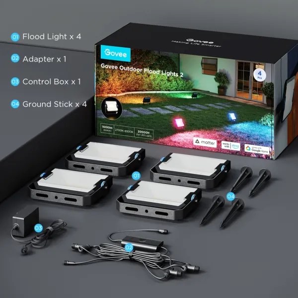 Govee - 4 darabos RGBICWW LED reflektor szett, dimmelhető, LED/24W/230V, IP66, matt, Wi-Fi