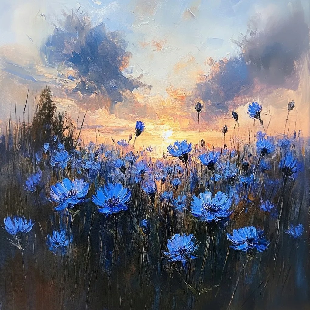 Vászonkép Canvas Tájkép Rét Mező Virágok Búzavirág Naplemente 80x80