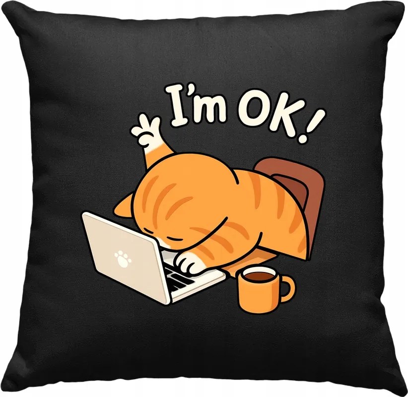 Macska a laptop mellett párna irodai humor fekete