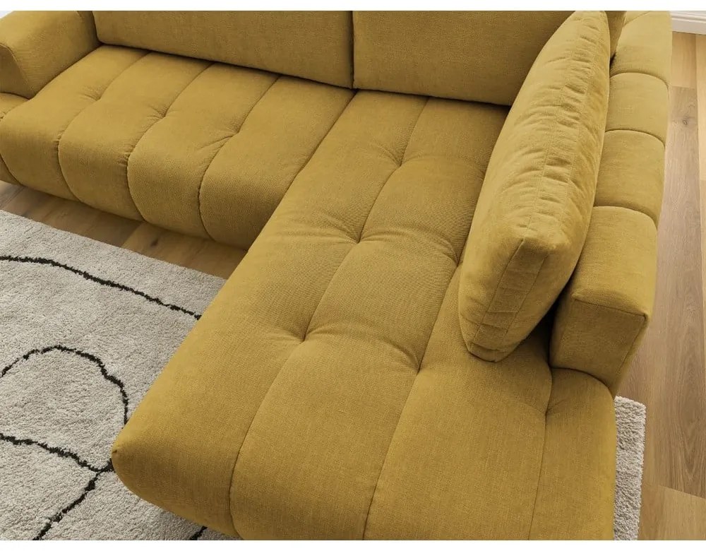 Mustársárga kinyitható-tárolóhelyes sarokkanapé (jobb oldali-L alakú) Fuji – Bobochic Paris