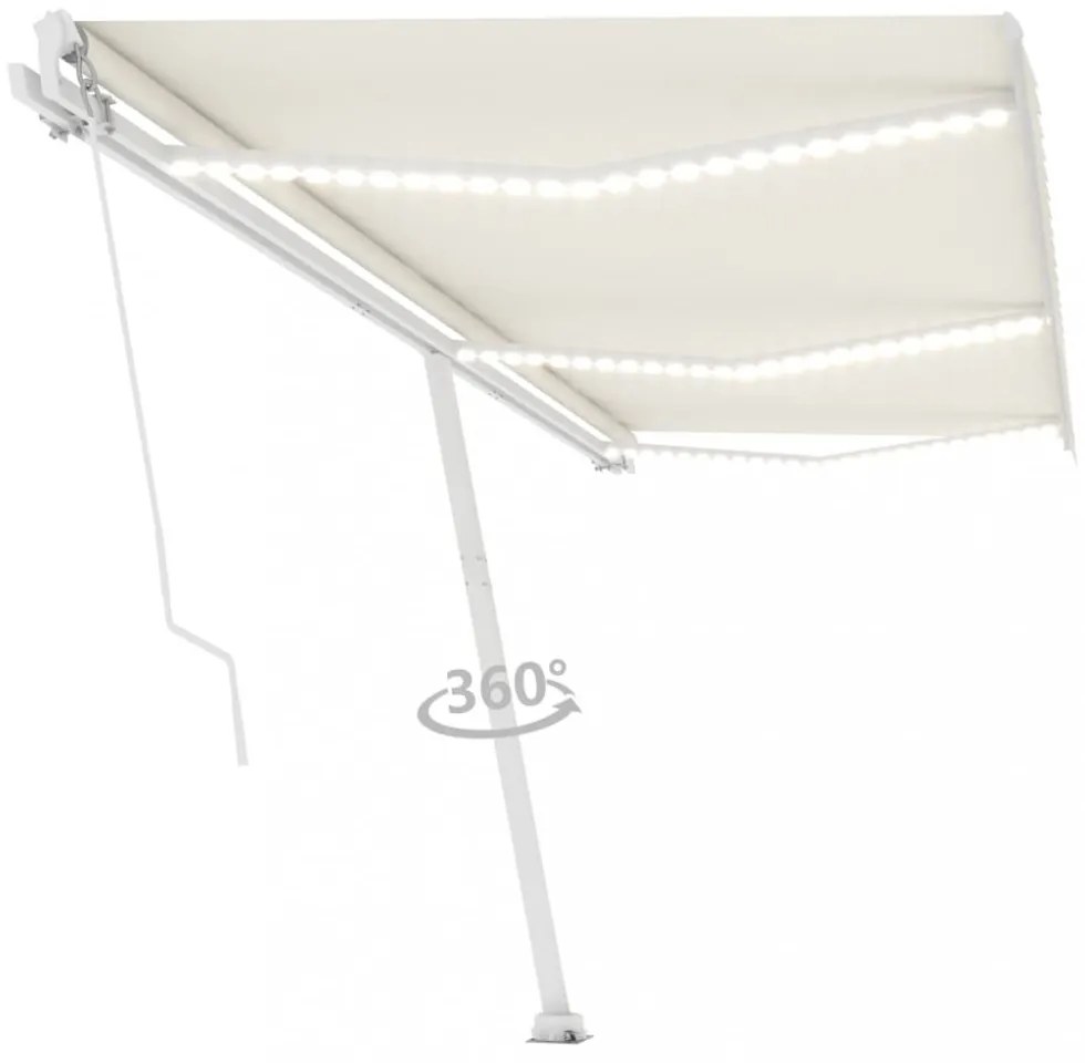 krémszínű kézzel kihúzható LED-es napellenző 600 x 300 cm