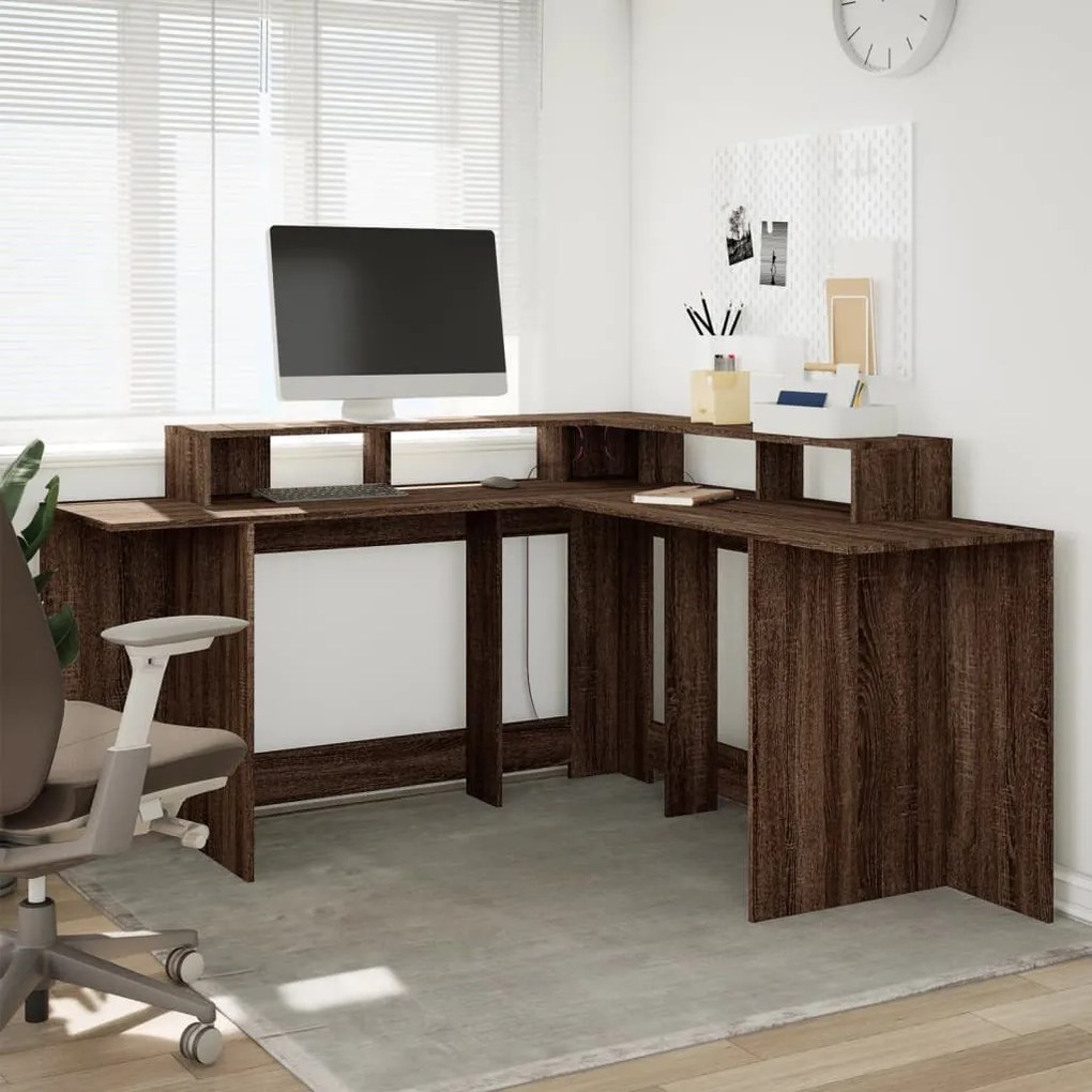 barna tölgy színű szerelt fa íróasztal LED-ekkel 152x152x91 cm