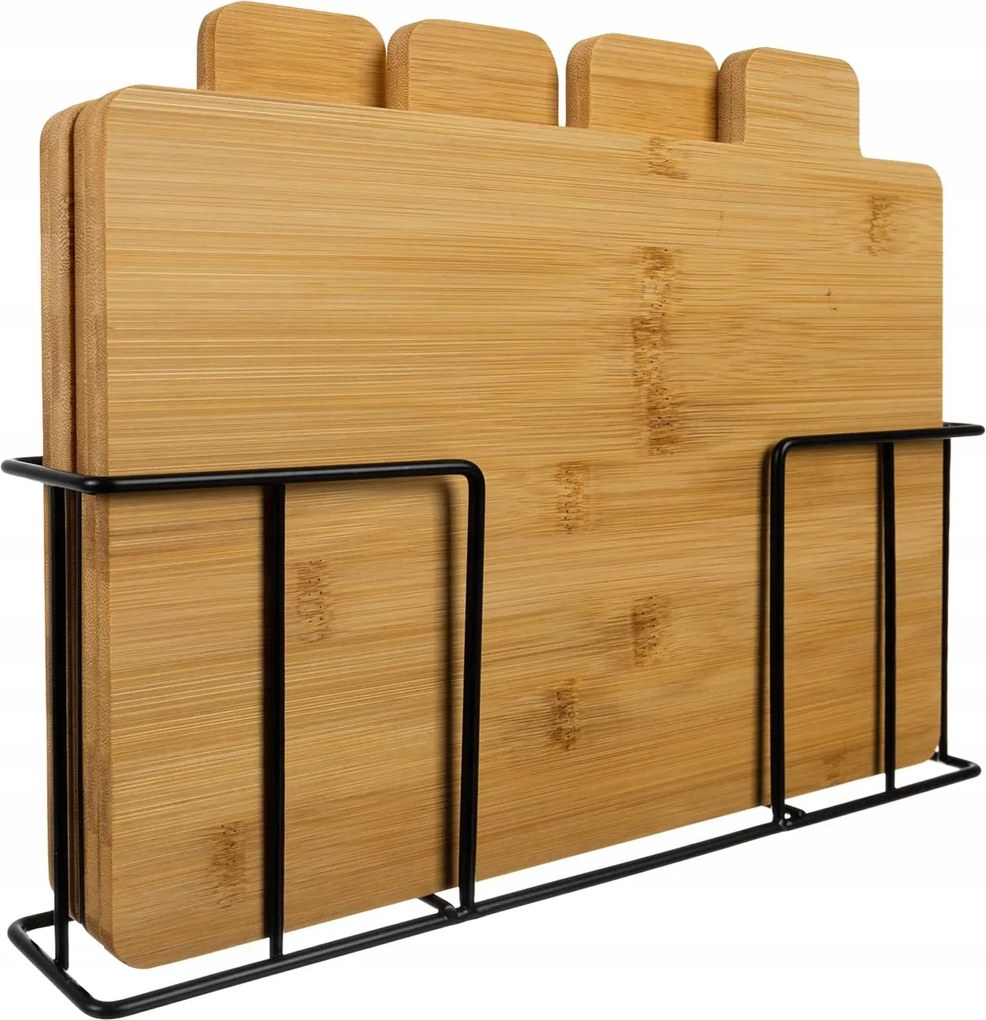 4 db-os Bambusz Tálaló Vágódeszka Készlet Fa +állvány