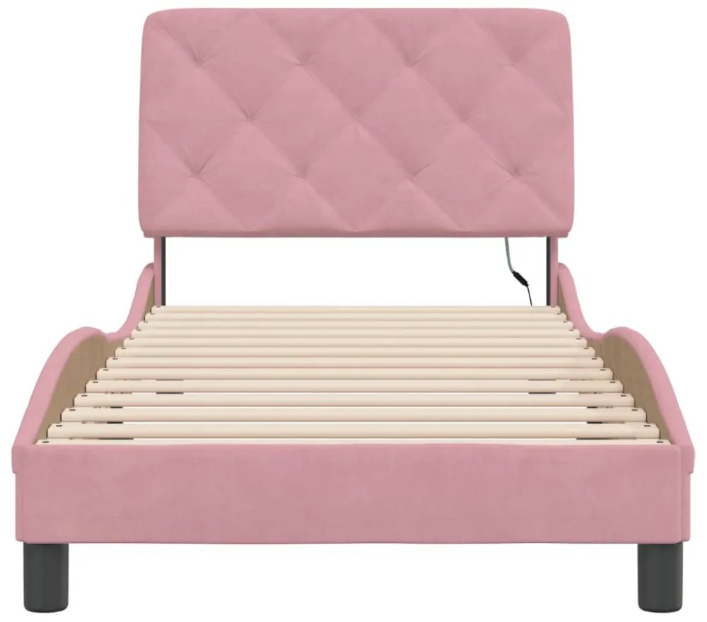 rózsaszín bársony ágykeret LED-ekkel matrac nélkül 90 x 190 cm