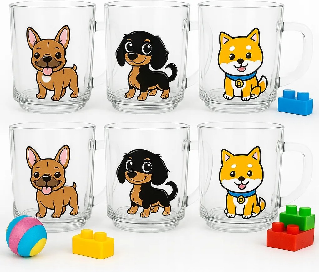 Üveg bögrék kutyáknak 220ml 6 db-os szett Tacskó Bulldog Shiba Inu gyerek