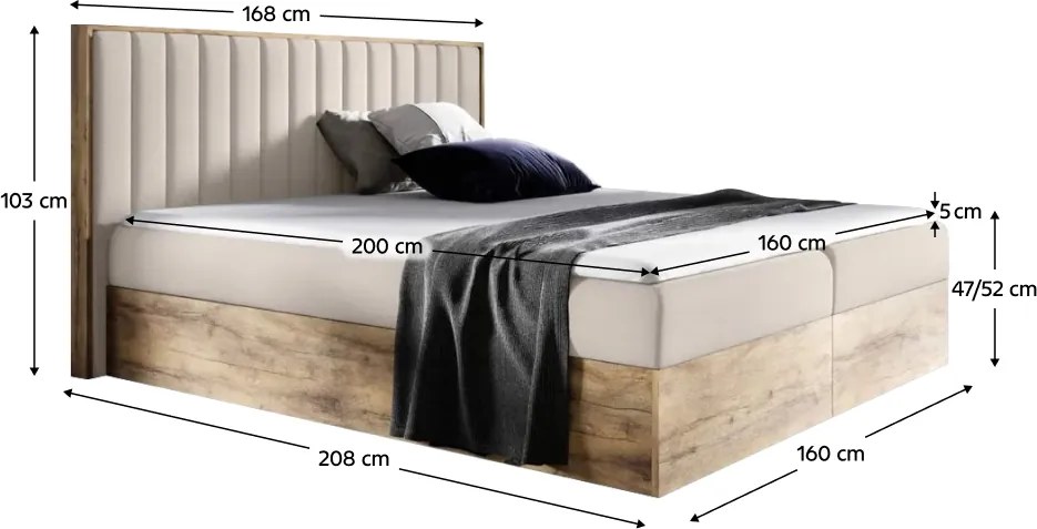 Boxspring ágy, 160x200, bézs Paros szövet/lancelot tölgy, WOOD 4