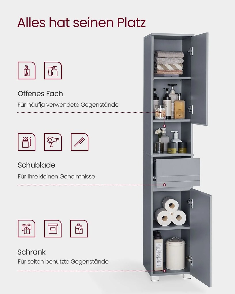 Magas fürdőszobai szekrény 30×30×170 cm, misztikus szürke színben