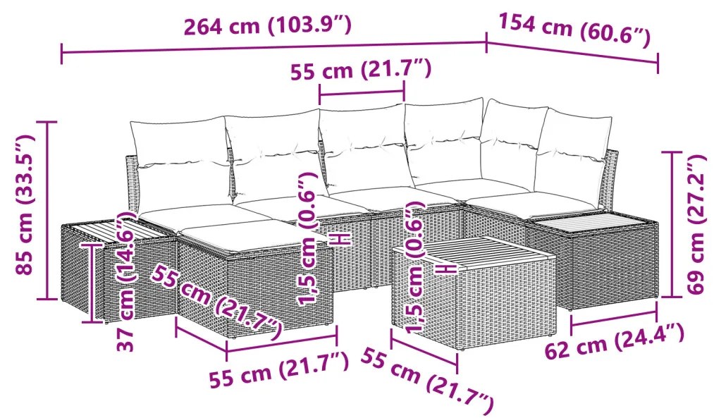 7 Részes Kert Kanapé Szett Párnákkal Bézs Poli Rattan Akácia