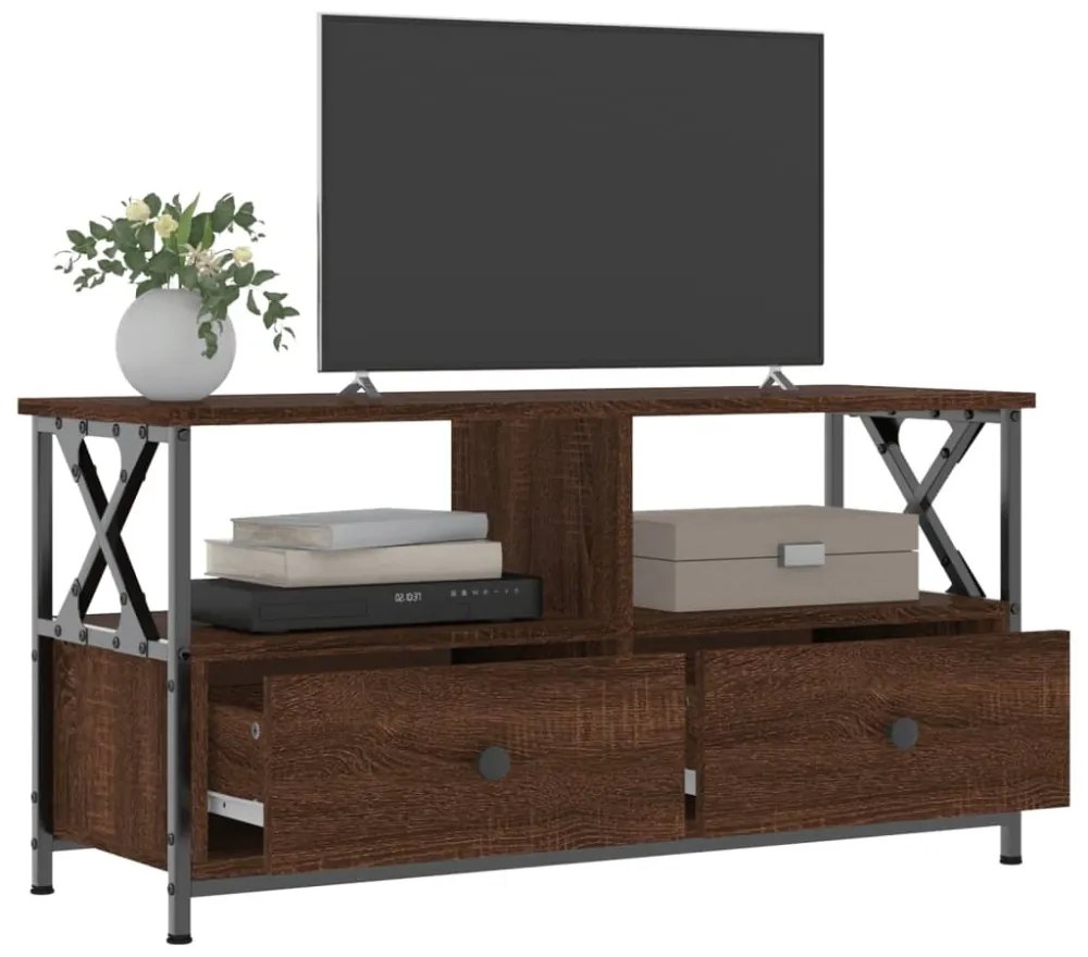 barna tölgyszínű szerelt fa és vas TV-szekrény 90x33x45 cm