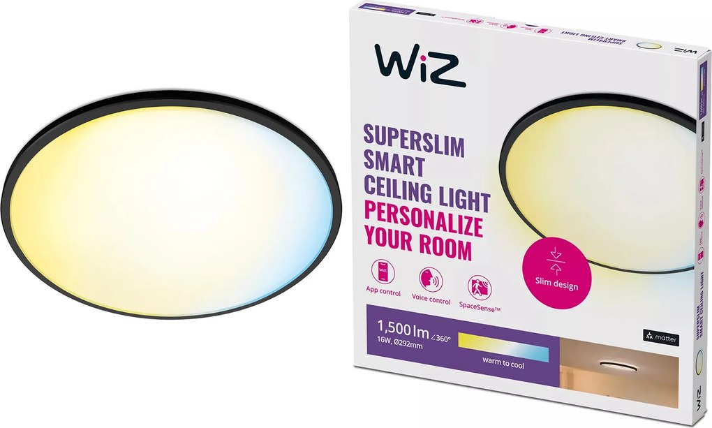 Plafon Led Mennyezeti Lámpa Falra szerelhető 16W Cct Fekete Kerek Smart WiFi WiZ
