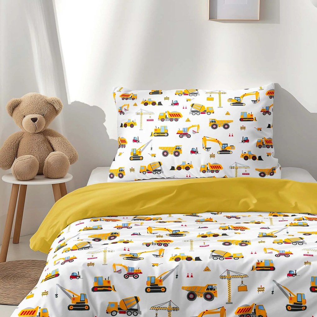 Goldea gyermek pamut ágyneműhuzat duo - teherautók és kotrógépek, mézsárga hátoldal 150 x 200 és 50 x 60 cm
