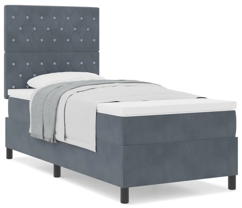 Boxspring Ágy Mattal Sötétszürke Egyszemélyes Bársonyos
