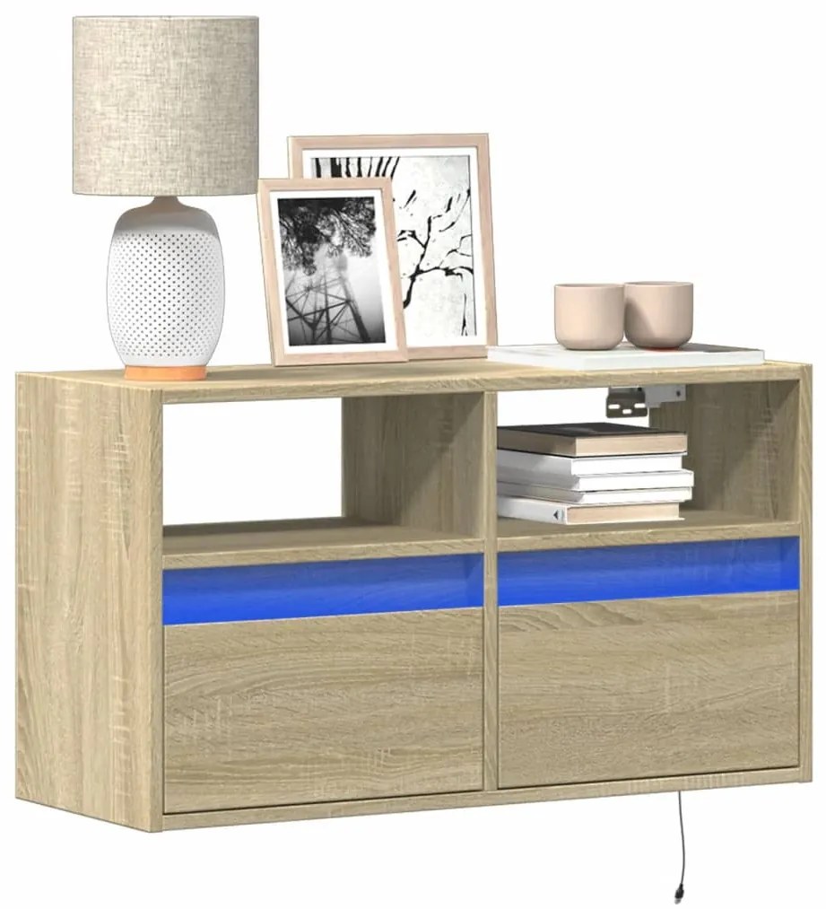 sonoma tölgy színű fali TV-szekrény LED-ekkel 80x31x45 cm