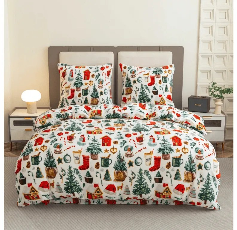 2 db Mikroplüss ágyneműhuzat szett FESTIVE MAGIC fehér + Mikroplüss lepedő SOFT 180x200 cm fehér, franciaágyhoz