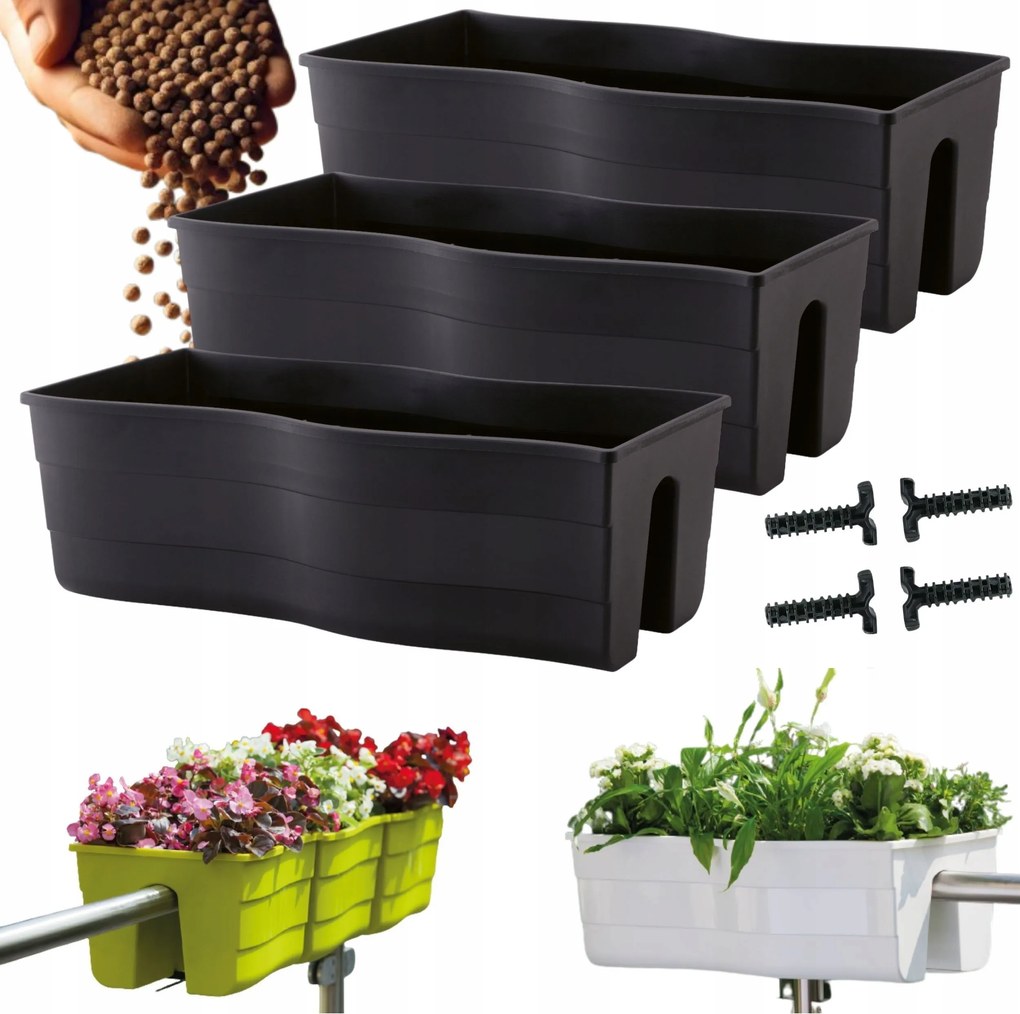 3x Wave 60 korláttartó doboz, Erkély kaspó keramzit 5l