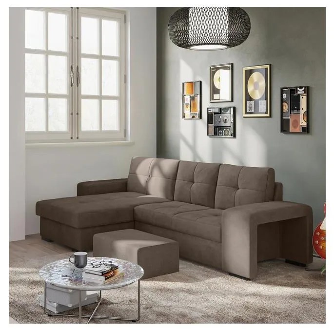 PALERMO baloldali barna kihúzható kanapé tárolóval és puffal