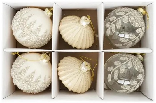 Karácsonyi üveg gömb dísz glitter dekorral átlátszó, bronz, krém 8 cm 6 db