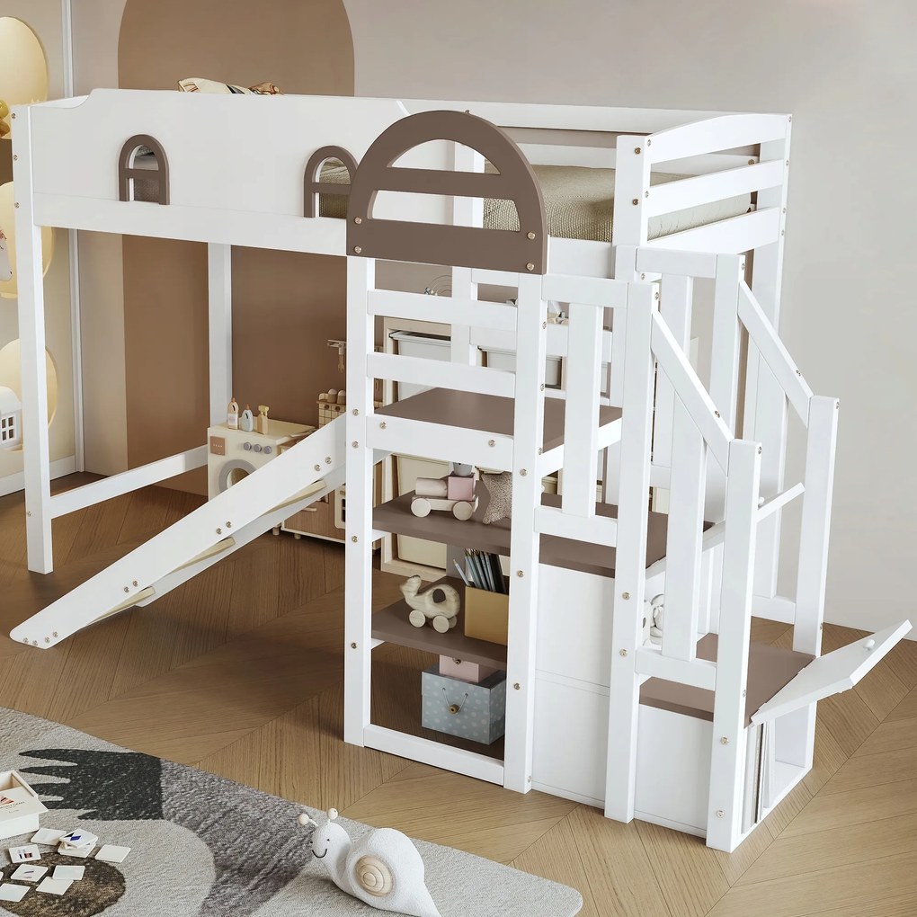 Emeletes ágyak Gyerekágy Csúszda polc 90x200cm fenyő Fehér