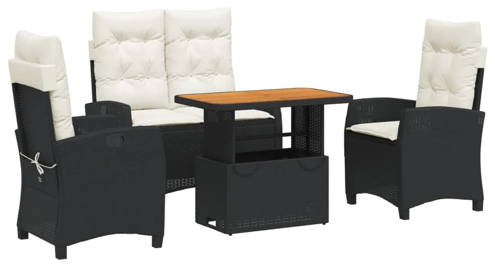 vidaXL 4 részes fekete polyrattan kerti étkezőszett párnákkal