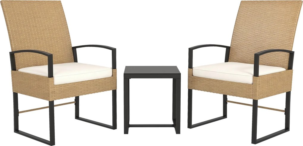 Outsunny 3 darabos kültéri kert szett állítható támlával, 2 szék és rattan asztal párnázott párnákkal és edzett üveg asztallappal erkélyre teraszra, B