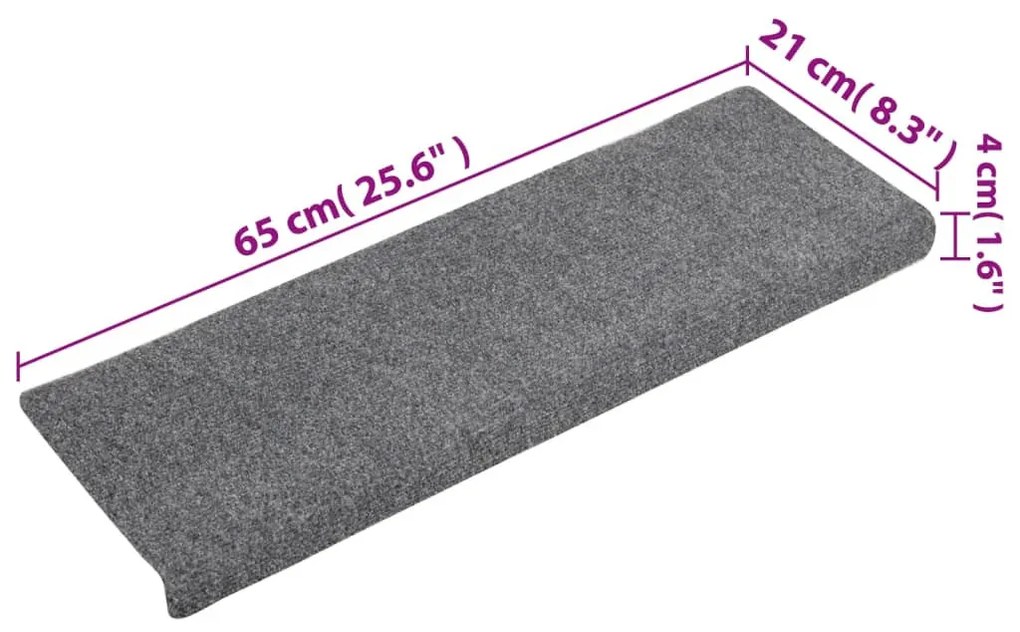 15 db öntapadós lépcsőszőnyeg, 65 x 21 x 4 cm, világosszürke, téglalap alakú széllel