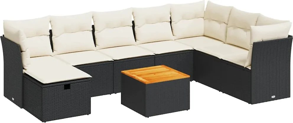 vidaXL 9 részes fekete polyrattan kerti ülőgarnitúra párnákkal