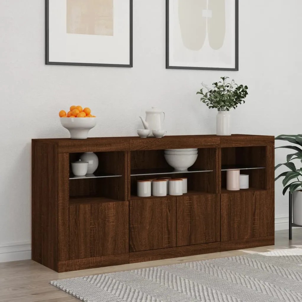 barna tölgy színű tálalószekrény LED-ekkel 142,5 x 37 x 67 cm