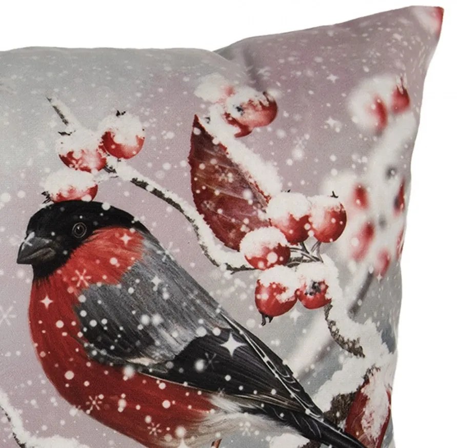 Karácsonyi párnahuzat 45x45 cm madarak havas csipkebogyó ágon