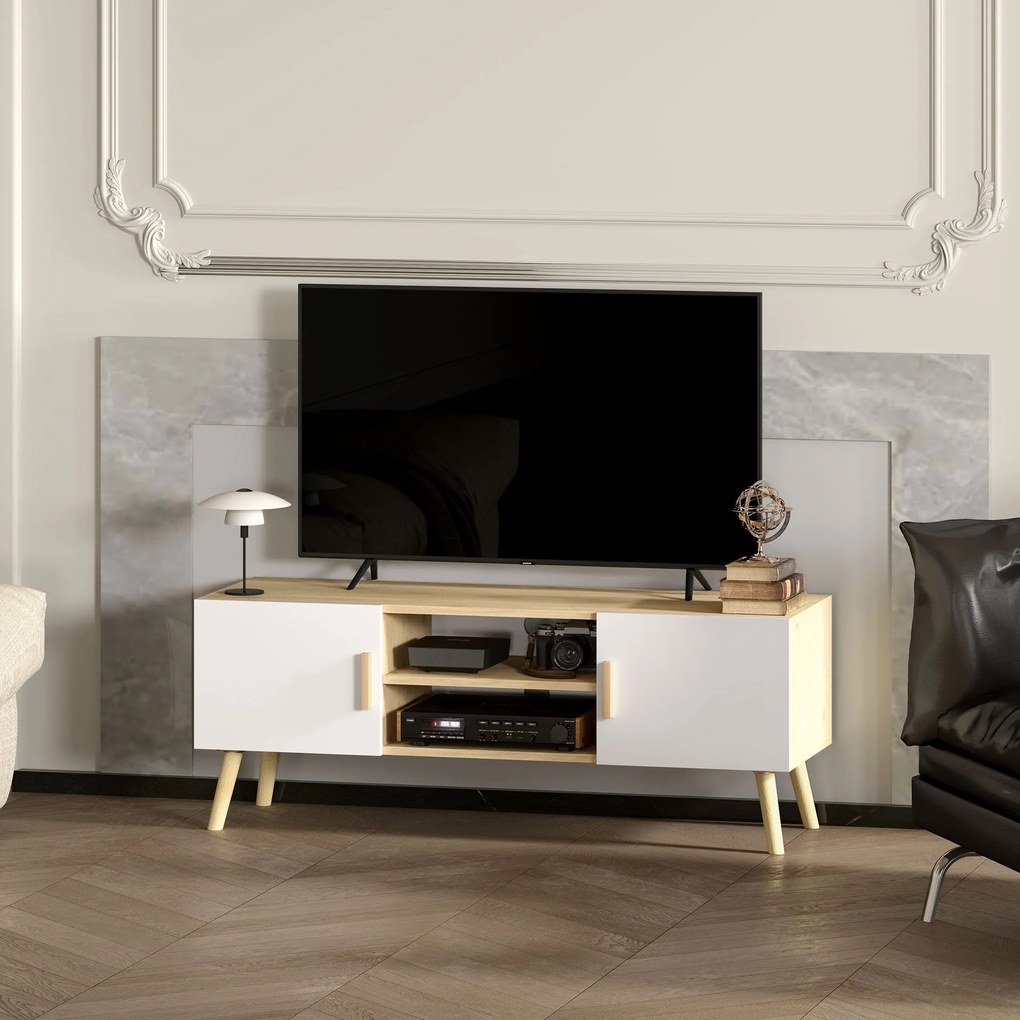 HOMCOM Tölgyfa TV Állvány 50 Inch TV-hez Polcokkal, 2 Szekrénnyel és Kábeltartóval, 110 x 36,2 x 42 cm | Aosom