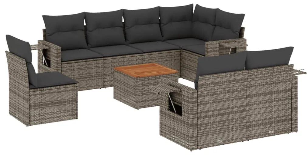 9 részes szürke polyrattan kerti ülőgarnitúra párnákkal