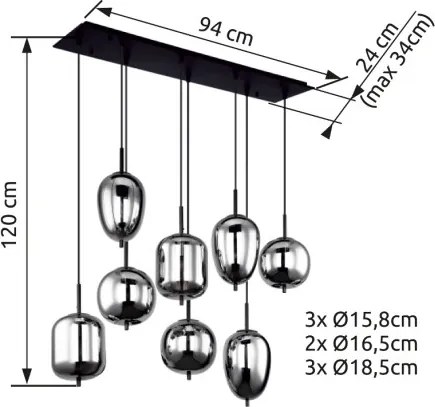 Globo 15345-8 Függeszték fekete fém váz, füstszínű 8 különböző méretű, és formájú üvegbúrával. HxSZxM940x340x1200, exkl. 8xE14 40W 230V