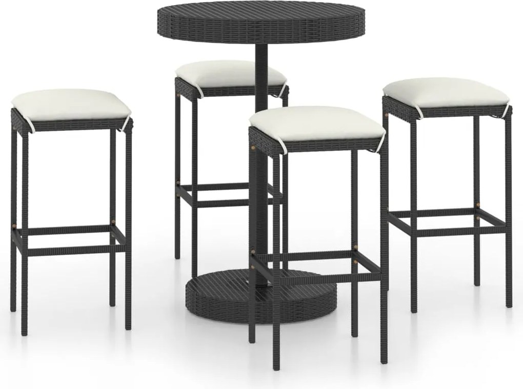 vidaXL 5 részes fekete polyrattan kerti bárszett párnákkal