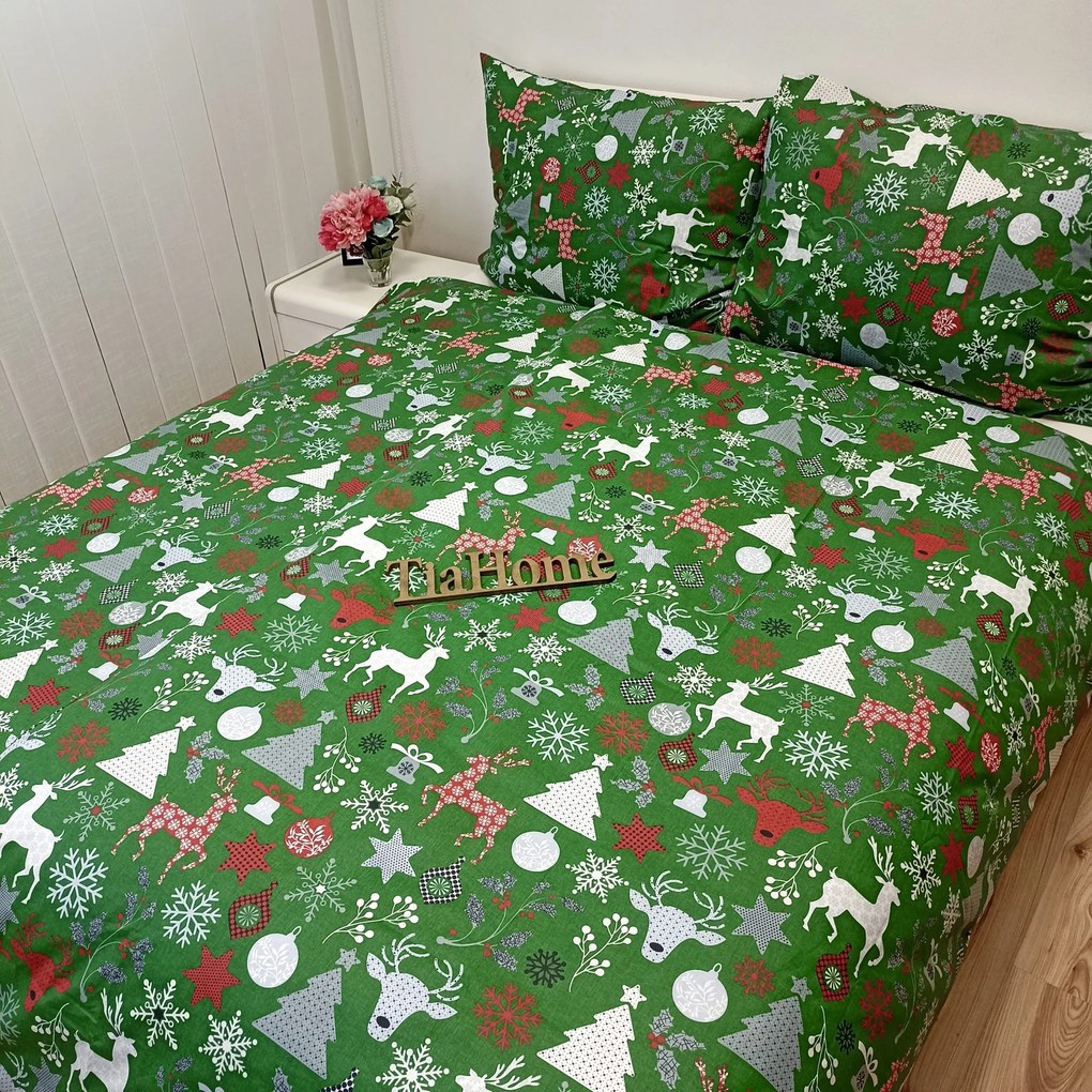 Pamut ágyneműk Karácsonyi Ünnepi zöld mix TiaHome - 1x Párna 90x70cm, 1x Paplan 140x200cm