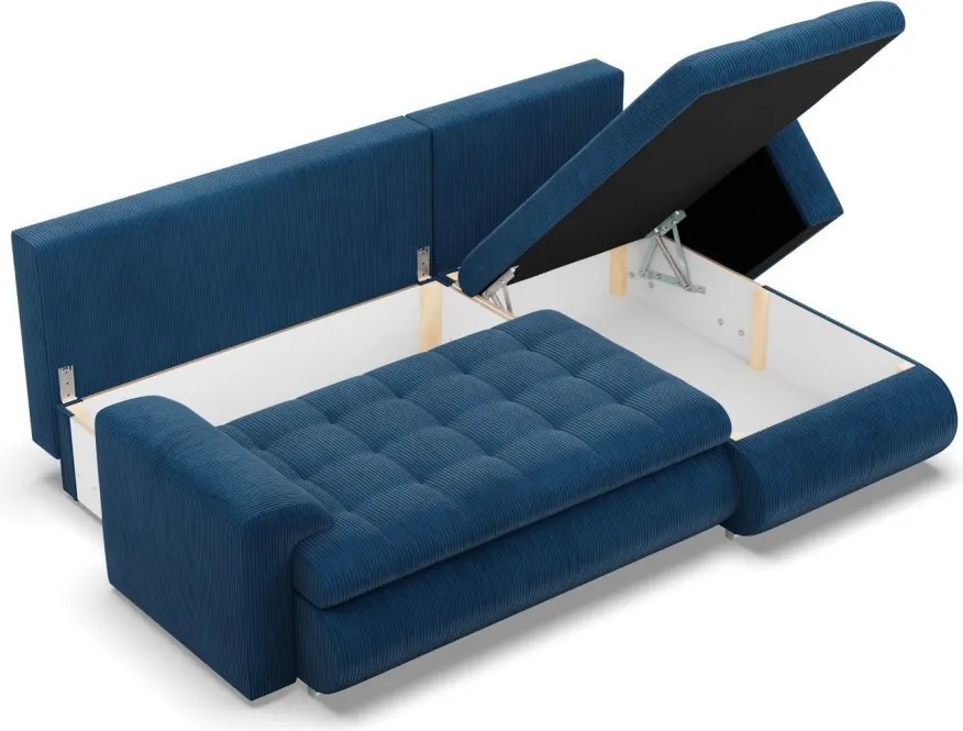 Tokio sarokkanapé, 2 ágyneműtartóval, kordbársony, jobboldali, kék