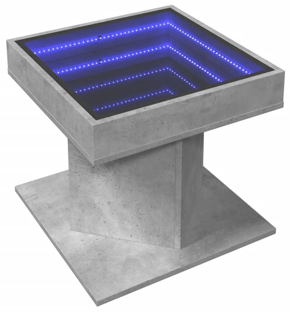 betonszürke szerelt fa dohányzóasztal LED-del 50 x 50 x 45 cm