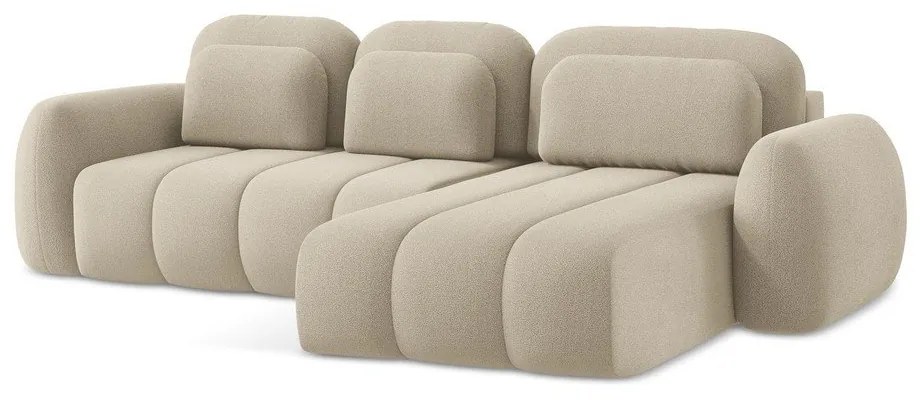 Világosbarna buklé kinyitható-tárolóhelyes sarokkanapé (jobb oldali-heverő résszel) Pele – Makamii