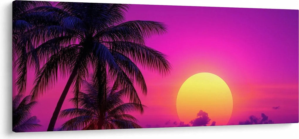Kép - Lila naplemente pálmafával (120x50 cm)