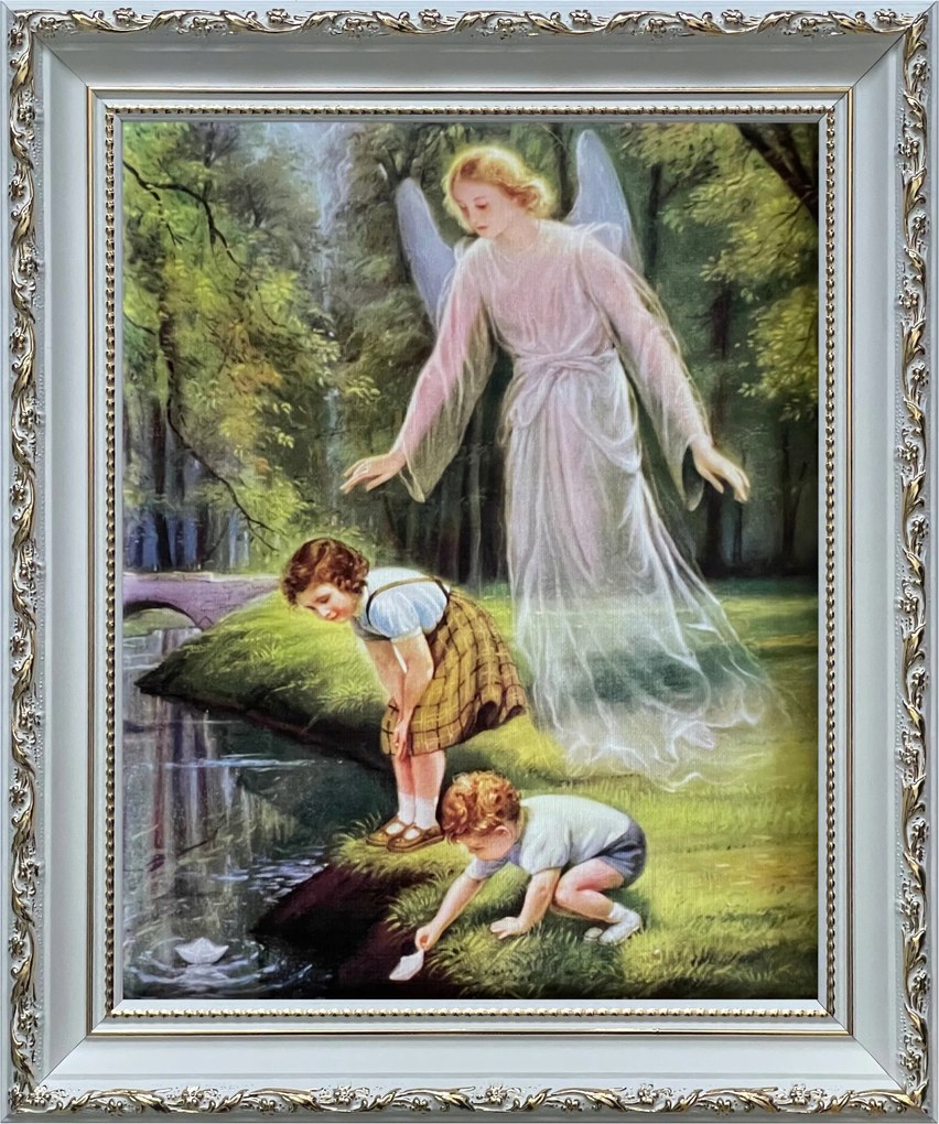 Vászonkép 31x26 Őrangyal Angyal Fehér Díszített Keresztelő Ajándék Keret