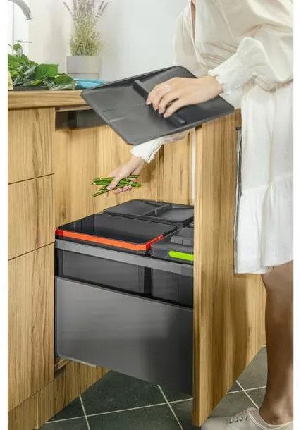 Hulladékgyűjtő AxiSpace 600mm, mozgatórendszer nélkül, 1x15L, 2x7L edényekkel, tálcával, fedelekkel