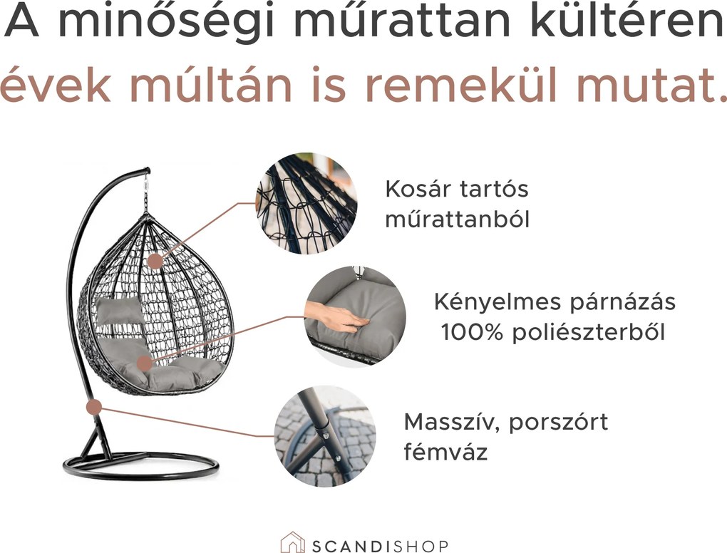 Fekete függőfotel KOKON állvány nélkül, világoszöld mintás párna