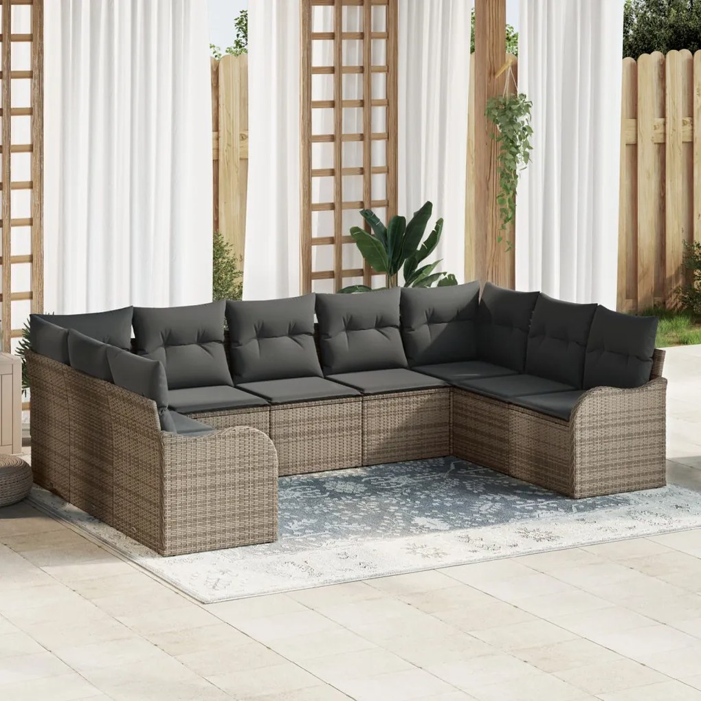 9 darabos kerti kanapé szett párnákkal, szürke poli rattan, 2-fős kerti kanapé párnákkal, szürke poli rattan