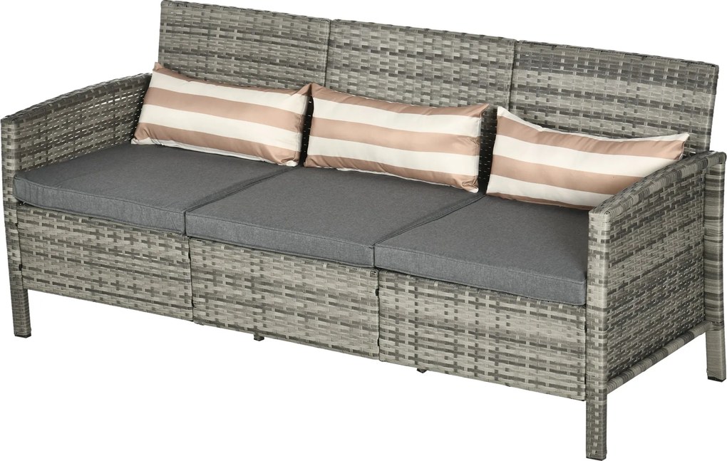 Outsunny Rattan Kanapé Párnákkal, Háromszemélyes, Kert Lounge Kanapé, Acél, Szürke, 173 x 68 x 78 cm | Aosom