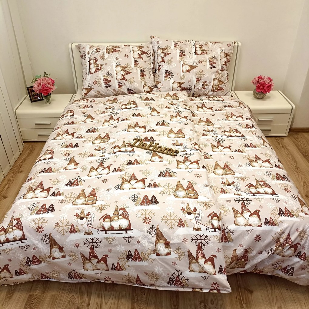 Karácsonyi manók barna pamut ágyneműhuzat TiaHome - 1x Párna 90x70cm, 1x Paplan 140x200cm